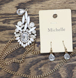 Michelle Sunburst Pendant Teardrop Earring Necklace Set Gold / White 17" + 2"