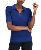 Alfani Pointelle Polo V-Neck Ribbed Knit Sweater Top Blazing Navy Blue M