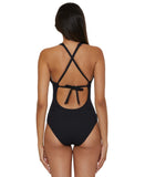 Becca Womens Modern Edge Textured Plunging Neck One Piece Swimsuit Black M