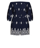 City Chic Off-Shoulder Puff Sleeve Embroidered Romper Navy Blue / White 16W