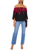 Sam & Jess Womens Off-the-Shoulder Floral Tie-Hem Top Rich Black / Red M