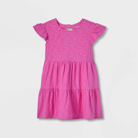 Cat & Jack Girls Wash Knit Tiered Short Sleeve Dress PG4KM Bright Pink M