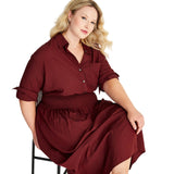 Future Collective Collared Long Sleeve Smocked Midi Shirtdress Burgundy Red XXL