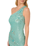 Adrianna Papell One Shoulder Side Slit Dress Gown Aqua Luster Blue 14