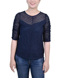 Ny Collection Womens Petite Rouched Sleeve Lace Top PLAU5430
