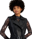 Bar III Womens Petite Faux-Leather Notched Collar Belted Vest Black PM