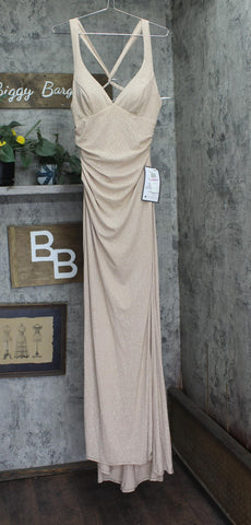 B Darlin Juniors Glitter-Knit Back-Tie V-Neck Gown Dress Nude Brown Gold 11/12