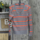 Tommy Hilfiger Womens Striped Long Sleeve V-Neck Sweater Gray / Orange XL