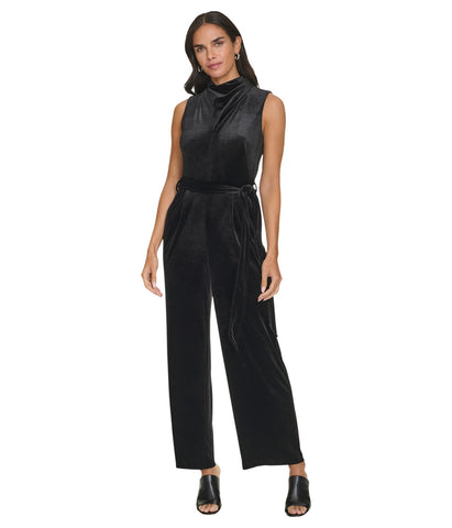 Calvin Klein Womens Velvet Twist Cowl Neck Tie Waist Wide Leg Jumpsuit Black 10