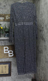 Mac Duggal Beaded Tea Length Dress Gown with Sheer Sleeves Charcoal Gray 8