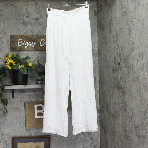 Womens Drawstring Elastic Waist Wide Leg Pants White S