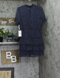 Crystal Doll Short Puff Sleeved Sheer Fit Flare Dress Navy Blue / White L