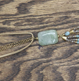 Fringe Tassel Pendant Necklace with Faux Leather Cord Tan Brown / Blue Multi 28"