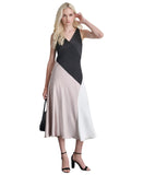 DKNY Satin Colorblocked Slip V Neck Midi Dress Black / Cloud / Eggshell 16