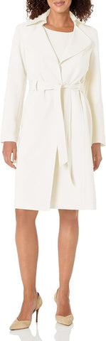 Le Suit Crepe Belted Trench Jacket & Sheath Dress Suit Vanilla Ice White 18
