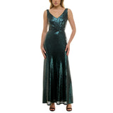 Taylor Sleeveless Stretch Mesh Sequin Cinched Waist Gown Dress Bottle Green 2