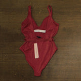 Aqua Womens Belted Lurex Plunge One Piece Swimsuit AQSL25834 Burgundy Red S