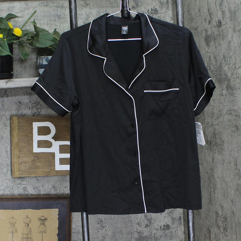 Inc International Concepts Satin Short-Sleeve Pajama Shirt Top Deep Black M