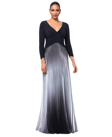 Betsy & Adam Ruched 3/4 Sleeve Pleated Ombre Skirt Dress Gown Black / Silver 8