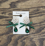 Francesca's Pearl Cluster Ribbon Teardrop Earrings Emerald Green / Gold 1"