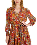 Inc International Concepts Printed Blouson-Sleeve Dress Arabesque Combo Orange 2