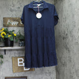 Umgee Womens Linen Blend Tiered Fringe Dress Navy Blue L