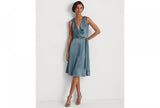 Lauren Ralph Lauren Belted Charmeuse Cocktail Dress Highland Sea Green Blue 6