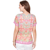 Ruby Rd Damask Print Knit Scoop Neck Short Sleeve Tee Fuschia Pink Multi 1X