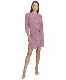 Halston Tweed Faux Wrap Embellished 3/4 Sleeve Shift Dress Fuchsia Pink 12