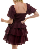 Crystal Doll Sweetheart-Neck Puffed Sleeve Fit Flare Dress Merlot Red 2XS