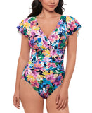 Swim Solutions Dreams Flutter-Sleeve One-Piece Swimsuit Navy Blue / Multi 16