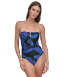 DKNY Womens Shirred One-Piece Swimsuit DIMMS605 Brush Stroke Blue Multi M