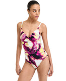 DKNY Womens Crossover Ruched One-Piece Swimsuit Vertical Wave Purple Multi M