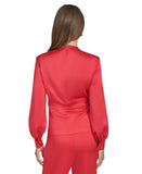 Halston Womens Satin Surplice-Draped Cross Over Neck Blouse Top Bright Red L