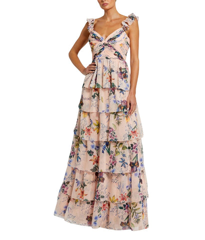 Ieena by Mac Duggal Tiered Chiffon Ruffle Sleeveless Dress Gown Pink / Multi 8