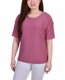 Ny Collection Womens Petite Short Sleeve Honeycomb Textured Grommet Top PHOU1641