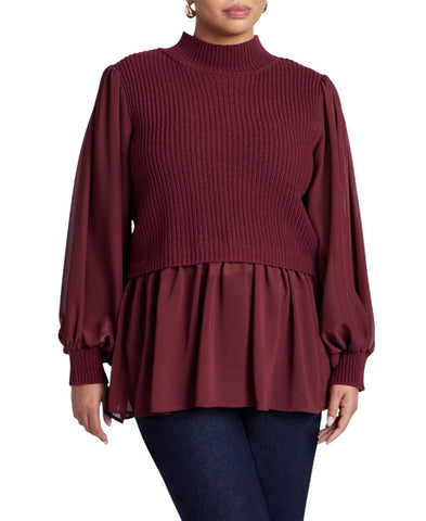 ELOQUII Womens Plus Size Twofer Sweater with Chiffon Maroon Banner Red 22W / 24W