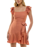 Trixxi Juniors Ruffle-Sleeve Faux-Wrap Dress 26ED087HWI Burnt Orange M