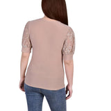 Ny Collection Womens Petites Keyhole Lace Trim Blouse Shirt Top Doeskin Brown PL