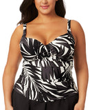 Anne Cole Drape Front Underwire Tankini Swim Top Palm Chic Black Multi 22W