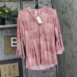 Ny Collection 3/4 Bell Sleeve Pleat Front Y-Neck Top MNKU2046 Mauve Pink M