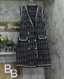 Trixxi  Fringe-Trim Boucle Sleeveless Faux Pocket Tweed Dress Black / White S