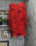 Calvin Klein Floral Chiffon Sheer Sleeve Jewel Neck Shift Dress Red / Black 6