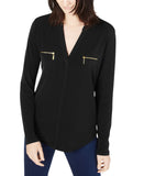 INC International Concepts Zip-Pocket Woven Long Sleeve Blouse Deep Black XL