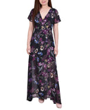 Ny Collection Womens Short Sleeve Chiffon Wrap Maxi Dress Black / Purple M
