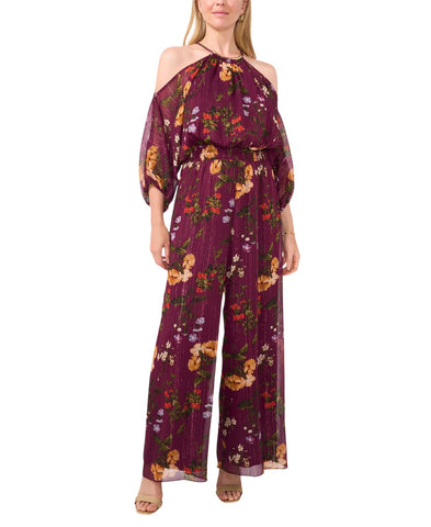 MSK Petite Floral Printed Cold-Shoulder Shear Pleated Jumpsuit Plum Purple PS