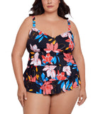 Swim Solutions Size Tiered Floral Print One Piece Swimsuit Floral Park Black 20W