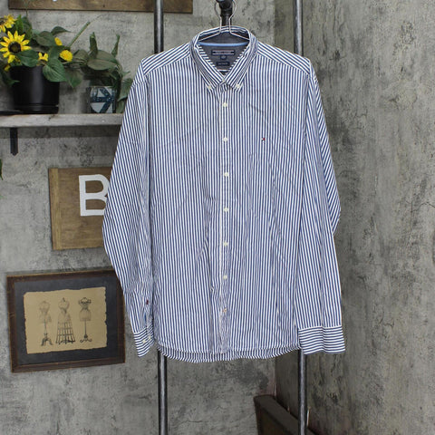 Tommy Hilfiger Mens New York Fit Cotton Dress Shirt Blue / White Stripe XXL