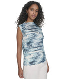 Calvin Klein Womens Petite Printed Pleated Sleeveless Top Positano Blue Multi PM