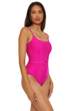 Becca Monte Carlo Virtue Ring Ribbed One-Piece Swimsuit 221057 Azalea Pink L